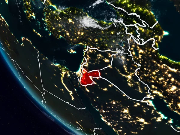 Görünür ülke sınırları ile uzaydan Jordan geceleri. 3D çizim. Nasa tarafından döşenmiş bu görüntü unsurları.