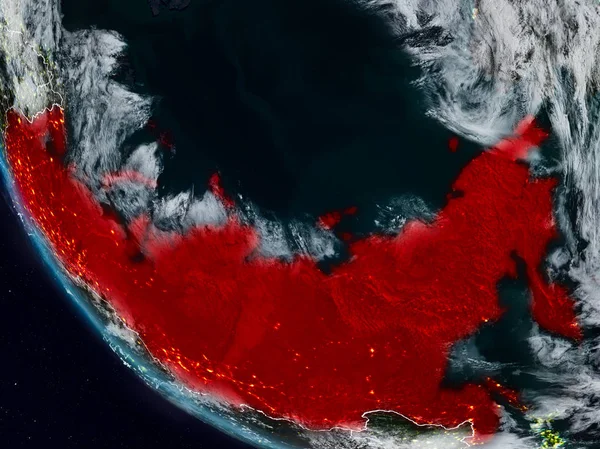 Uzaydan görünür ülke sınırları ile Rusya gece. 3D çizim. Nasa tarafından döşenmiş bu görüntü unsurları.