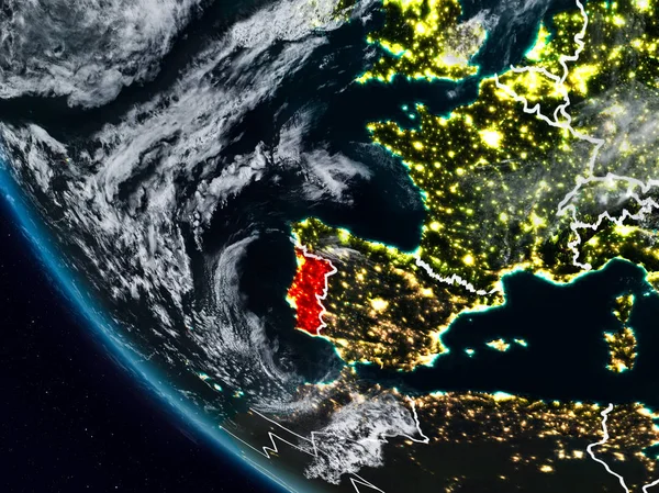 Uzaydan görünür ülke sınırları ile Portekiz geceleri. 3D çizim. Nasa tarafından döşenmiş bu görüntü unsurları.