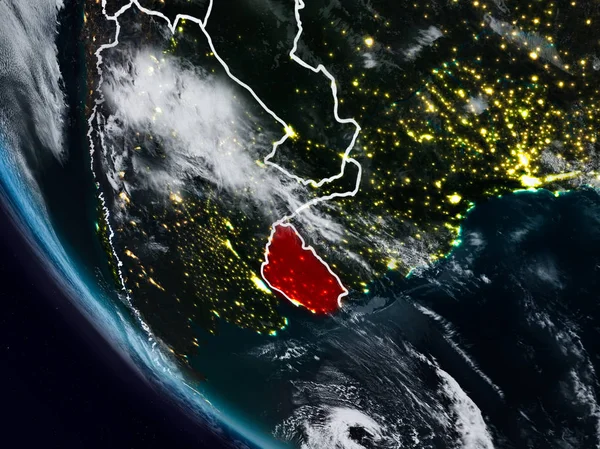 Uzaydan görünür ülke sınırları ile Uruguay geceleri. 3D çizim. Nasa tarafından döşenmiş bu görüntü unsurları.