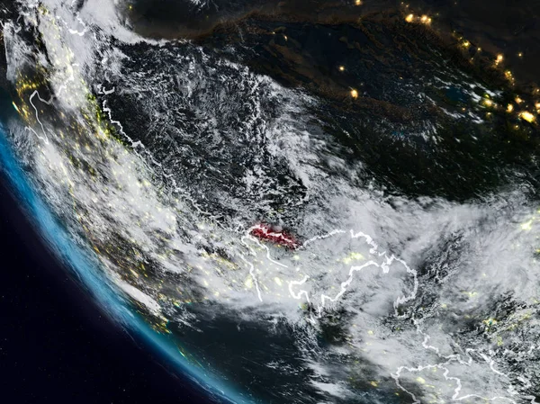 Uzaydan görünür ülke sınırları ile Bhutan geceleri. 3D çizim. Nasa tarafından döşenmiş bu görüntü unsurları.