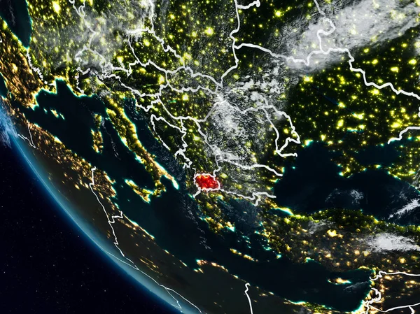 Uzaydan görünür ülke sınırları ile Makedonya geceleri. 3D çizim. Nasa tarafından döşenmiş bu görüntü unsurları.