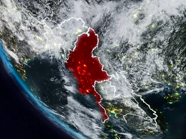Uzaydan görünür ülke sınırları ile Myanmar geceleri. 3D çizim. Nasa tarafından döşenmiş bu görüntü unsurları.