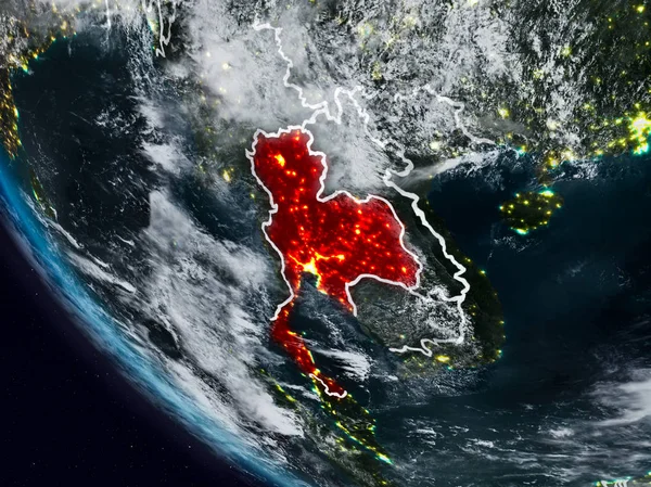 Uzaydan görünür ülke sınırları ile Tayland gece. 3D çizim. Nasa tarafından döşenmiş bu görüntü unsurları.
