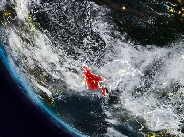 Uzaydan görünür ülke sınırları ile Bangladeş geceleri. 3D çizim. Nasa tarafından döşenmiş bu görüntü unsurları.