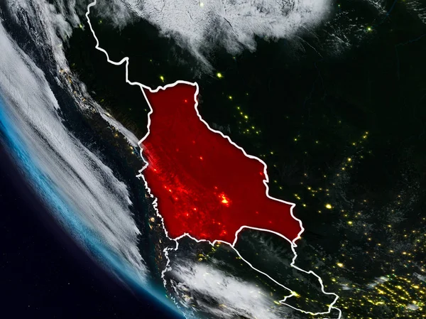 Uzaydan görünür ülke sınırları ile Bolivya geceleri. 3D çizim. Nasa tarafından döşenmiş bu görüntü unsurları.