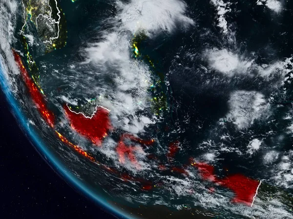 Uzaydan görünür ülke sınırları ile Endonezya geceleri. 3D çizim. Nasa tarafından döşenmiş bu görüntü unsurları.