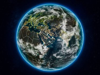 Planet Earth görünür ülke sınırları ile gece uzaydan katar. 3D çizim. Nasa tarafından döşenmiş bu görüntü unsurları.