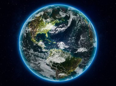 Porto Riko Planet Earth görünür ülke sınırları ile gece uzaydan. 3D çizim. Nasa tarafından döşenmiş bu görüntü unsurları.