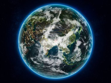 Bhutan Planet Earth görünür ülke sınırları ile gece uzaydan. 3D çizim. Nasa tarafından döşenmiş bu görüntü unsurları.