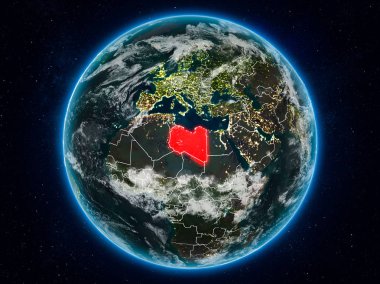 Libya Planet Earth görünür ülke sınırları ile gece uzaydan. 3D çizim. Nasa tarafından döşenmiş bu görüntü unsurları.