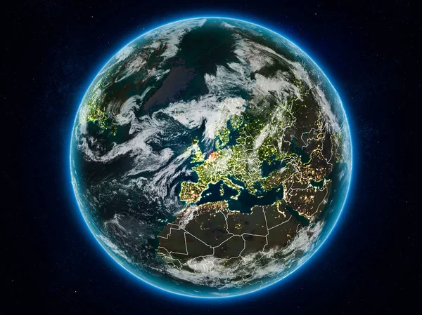 荷兰从地球上的空间在晚上与可见的国家边界 Nasa 提供的这个图像的元素 — 图库照片