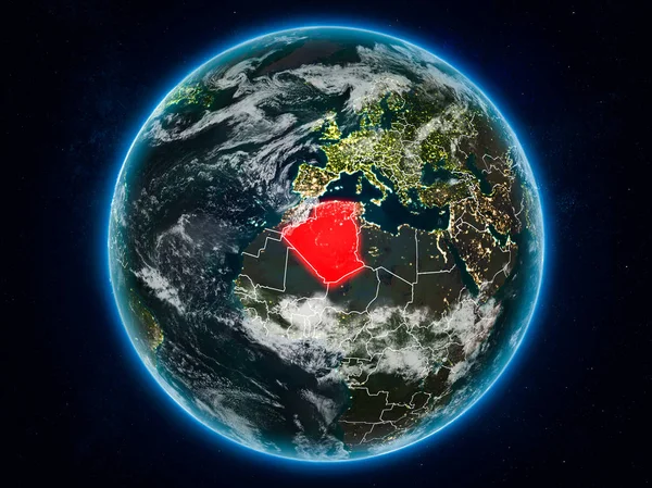 Αλγερία Από Διάστημα Στον Πλανήτη Βράδυ Ορατή Χώρα Συνόρων Απεικόνιση — Φωτογραφία Αρχείου