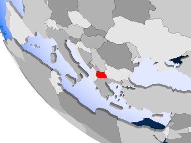 Makedonya haritası kırmızı şeffaf okyanuslar ile siyasi dünya üzerinde. 3D çizim.