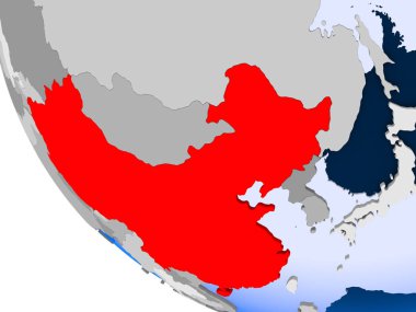 Çin Haritası kırmızı şeffaf okyanuslar ile siyasi dünya üzerinde. 3D çizim.