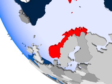 Norveç Haritası kırmızı şeffaf okyanuslar ile siyasi dünya üzerinde. 3D çizim.