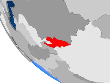 Kırgızistan haritası kırmızı şeffaf okyanuslar ile siyasi dünya üzerinde. 3D çizim.
