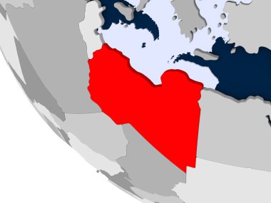 Libya Haritası kırmızı şeffaf okyanuslar ile siyasi dünya üzerinde. 3D çizim.