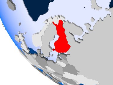 Finlandiya Haritası kırmızı şeffaf okyanuslar ile siyasi dünya üzerinde. 3D çizim.