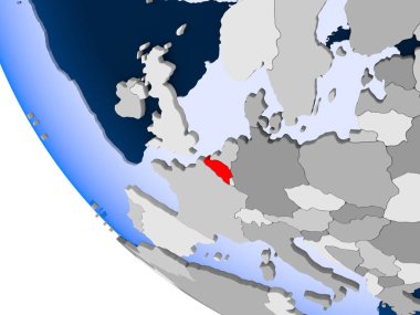 Belçika Haritası kırmızı şeffaf okyanuslar ile siyasi dünya üzerinde. 3D çizim.