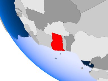 Gana Haritası kırmızı şeffaf okyanuslar ile siyasi dünya üzerinde. 3D çizim.