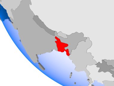 Bangladeş Haritası kırmızı şeffaf okyanuslar ile siyasi dünya üzerinde. 3D çizim.