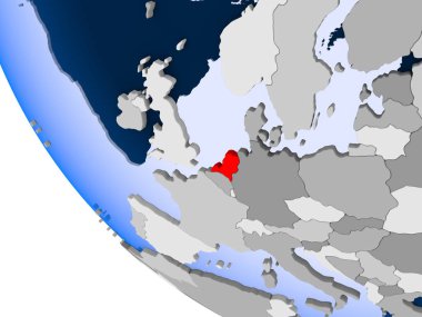 Hollanda Haritası kırmızı şeffaf okyanuslar ile siyasi dünya üzerinde. 3D çizim.