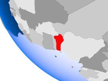 Benin Haritası kırmızı şeffaf okyanuslar ile siyasi dünya üzerinde. 3D çizim.
