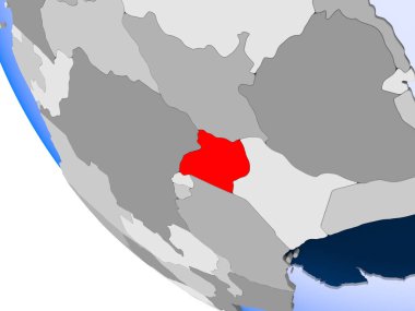Uganda Haritası kırmızı şeffaf okyanuslar ile siyasi dünya üzerinde. 3D çizim.