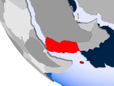 Yemen Haritası kırmızı şeffaf okyanuslar ile siyasi dünya üzerinde. 3D çizim.