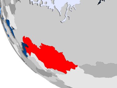 Kazakistan Haritası kırmızı şeffaf okyanuslar ile siyasi dünya üzerinde. 3D çizim.