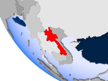 Laos Haritası kırmızı şeffaf okyanuslar ile siyasi dünya üzerinde. 3D çizim.