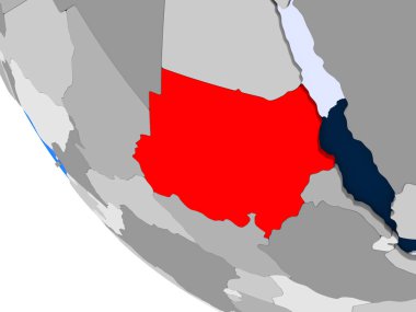Sudan Haritası kırmızı şeffaf okyanuslar ile siyasi dünya üzerinde. 3D çizim.
