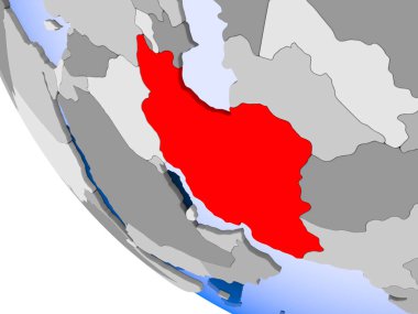 Iran Haritası kırmızı şeffaf okyanuslar ile siyasi dünya üzerinde. 3D çizim.