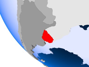 Uruguay Haritası kırmızı şeffaf okyanuslar ile siyasi dünya üzerinde. 3D çizim.