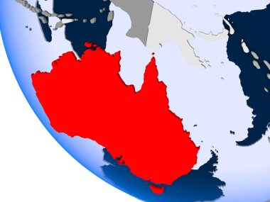 Avustralya Haritası kırmızı şeffaf okyanuslar ile siyasi dünya üzerinde. 3D çizim.