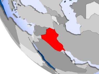 Irak Haritası kırmızı şeffaf okyanuslar ile siyasi dünya üzerinde. 3D çizim.