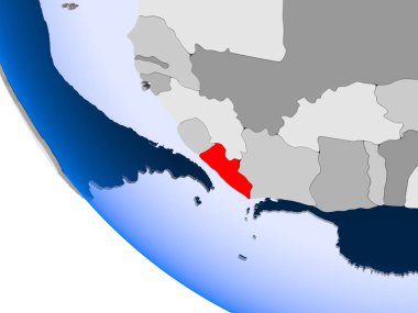 Liberya Haritası kırmızı şeffaf okyanuslar ile siyasi dünya üzerinde. 3D çizim.