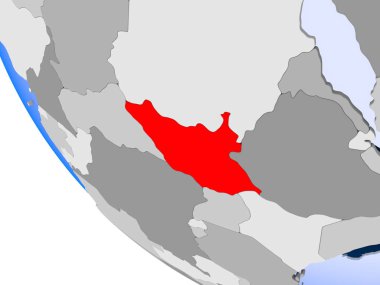 Güney Sudan Haritası kırmızı şeffaf okyanuslar ile siyasi dünya üzerinde. 3D çizim.