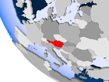 Kırmızı şeffaf okyanuslar ile siyasi dünya üzerinde harita (Avusturya). 3D çizim.