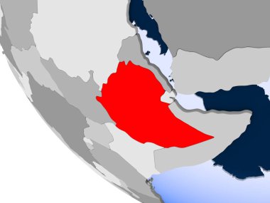 Etiyopya Haritası kırmızı şeffaf okyanuslar ile siyasi dünya üzerinde. 3D çizim.
