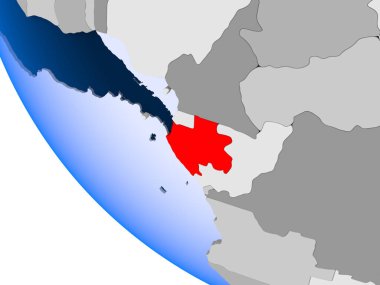 Gabon Haritası kırmızı şeffaf okyanuslar ile siyasi dünya üzerinde. 3D çizim.
