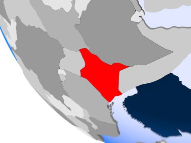 Kırmızı şeffaf okyanuslar ile siyasi dünya üzerinde harita Kenya. 3D çizim.