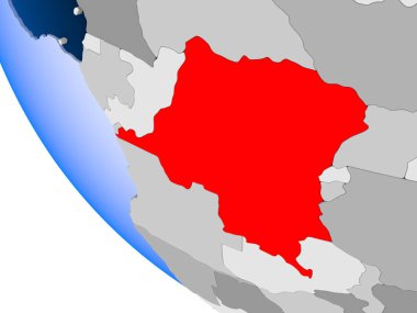 Demokratik Kongo Cumhuriyeti Haritası kırmızı şeffaf okyanuslar ile siyasi dünya üzerinde. 3D çizim.
