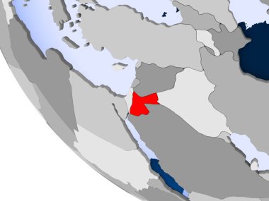Ürdün Haritası kırmızı şeffaf okyanuslar ile siyasi dünya üzerinde. 3D çizim.
