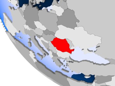 Romanya haritası kırmızı şeffaf okyanuslar ile siyasi dünya üzerinde. 3D çizim.