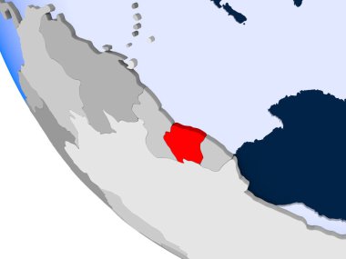 Surinam Haritası kırmızı şeffaf okyanuslar ile siyasi dünya üzerinde. 3D çizim.
