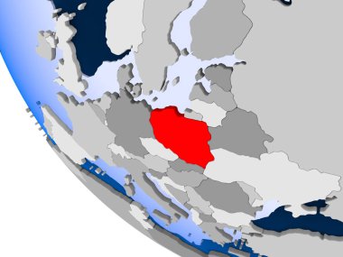 Polonya haritası kırmızı şeffaf okyanuslar ile siyasi dünya üzerinde. 3D çizim.