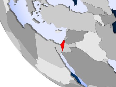 İsrail Haritası kırmızı şeffaf okyanuslar ile siyasi dünya üzerinde. 3D çizim.