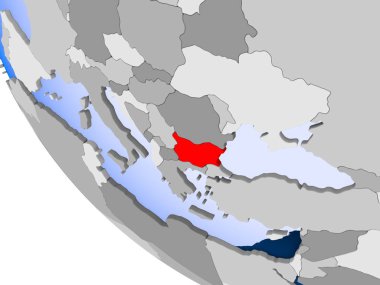 Bulgaristan Haritası kırmızı şeffaf okyanuslar ile siyasi dünya üzerinde. 3D çizim.